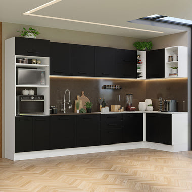 Combo completo de Cocina Esquinera 499 cm 14 Puertas 3 Cajones Sin Mesada Blanco/Negro Agata Madesa