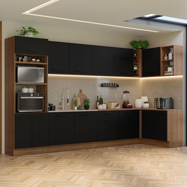 Combo completo de Cocina Esquinera 499 cm 14 Puertas 3 Cajones Sin Mesada Marrón/Negro Agata Madesa