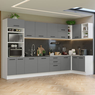 Combo completo de Cocina Esquinera 499 cm 14 Puertas 3 Cajones Sin Mesada Blanco/Gris Agata Madesa