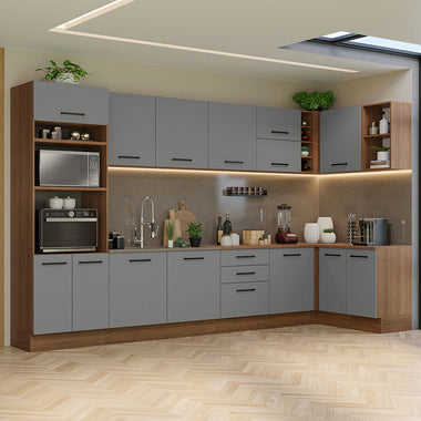Combo completo de Cocina Esquinera 499 cm 14 Puertas 3 Cajones Sin Mesada Marrón/Gris Agata Madesa