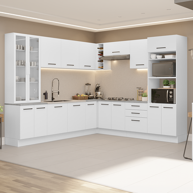 Combo completo de Cocina Esquinera 549 cm con Cristalero 17 Puertas 3 Cajones Sin Mesada Blanco Agata Madesa