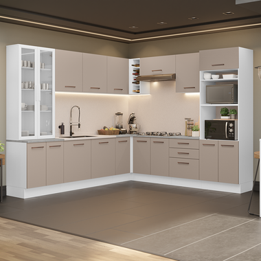 Combo completo de Cocina Esquinera 549 cm con Cristalero 17 Puertas 3 Cajones Sin Mesada Blanco/Crema Agata Madesa