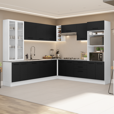 Combo completo de Cocina Esquinera 549 cm con Cristalero 17 Puertas 3 Cajones Sin Mesada Blanco/Negro Agata Madesa