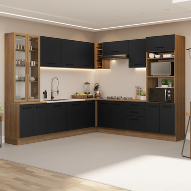 Combo completo de Cocina Esquinera 549 cm con Cristalero 17 Puertas 3 Cajones Sin Mesada Marrón/Negro Agata Madesa