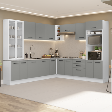 Combo completo de Cocina Esquinera 549 cm con Cristalero 17 Puertas 3 Cajones Sin Mesada Blanco/Gris Agata Madesa