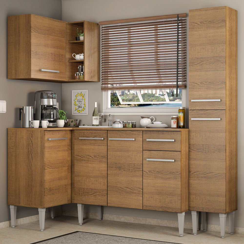 Combo completo de Cocina Esquinera 261 cm 7 Puertas 1 Cajón Marrón Emilly Madesa