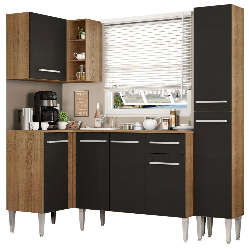 Combo completo de Cocina Esquinera 261 cm 6 Puertas 1 Cajón Marrón/Negro Emilly Madesa