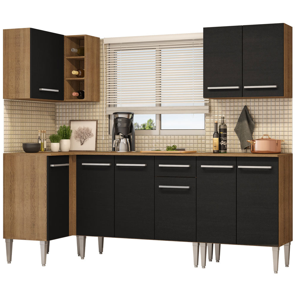 Combo completo de Cocina Esquinera 293 cm 9 Puertas 1 Cajón Marrón/Negro Emilly Madesa