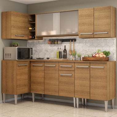 Combo completo de Cocina Esquinera 293 cm 11 Puertas 1 Cajón Marrón Emilly Madesa