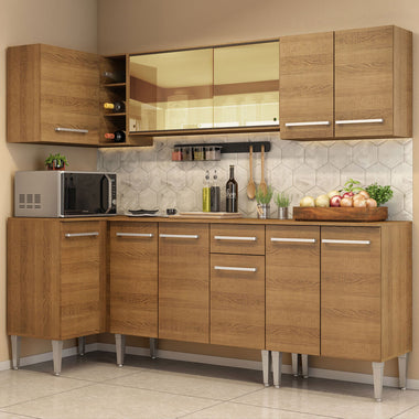 Combo completo de Cocina Esquinera 293 cm 11 Puertas 1 Cajón Marrón Emilly Madesa