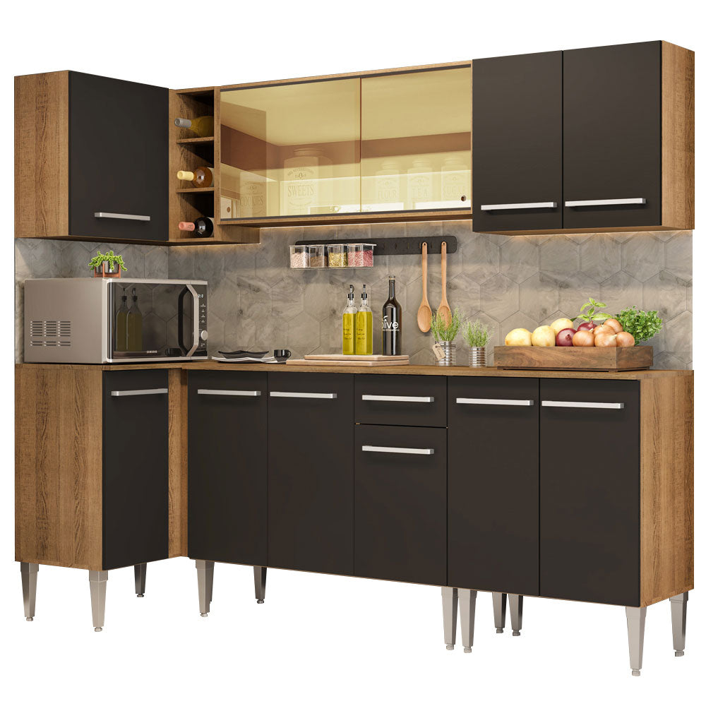 Combo completo de Cocina Esquinera 293 cm 11 Puertas 1 Cajón Marrón/Negro Emilly Madesa 04