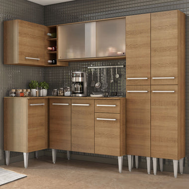 Combo completo de Cocina Esquinera 293 cm 11 Puertas 1 Cajón Marrón Emilly Madesa