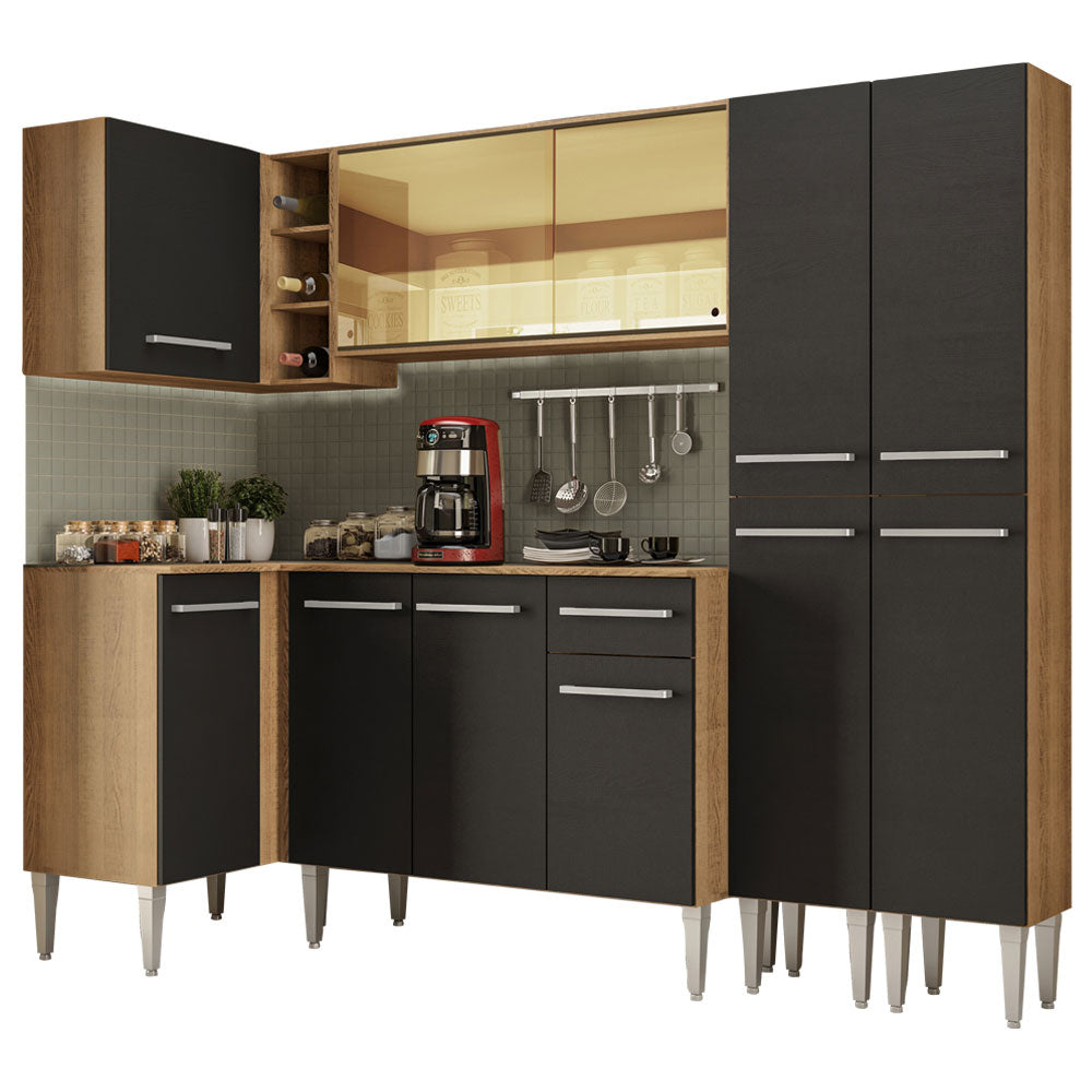 Combo completo de Cocina Esquinera 293 cm 11 Puertas 1 Cajón Marrón/Negro Emilly Madesa 06