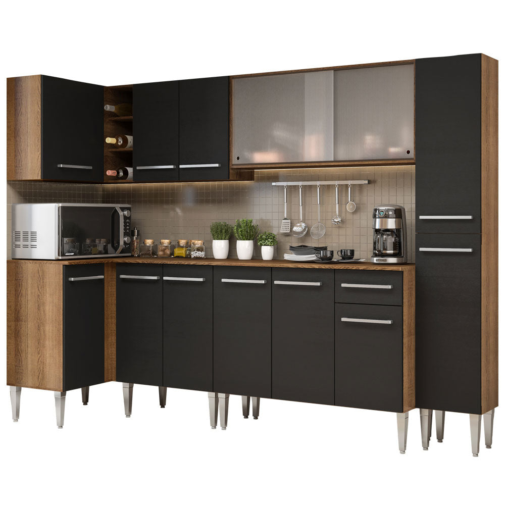 Combo completo de Cocina Esquinera 325 cm 13 Puertas 1 Cajón Marrón/Negro Emilly Madesa 03