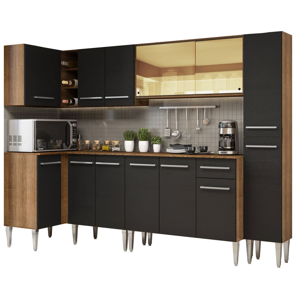 Combo completo de Cocina Esquinera 325 cm 13 Puertas 1 Cajón Marrón/Negro Emilly Madesa 04