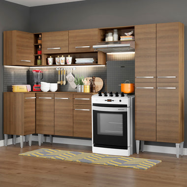 Combo completo de Cocina Esquinera 353 cm 11 Puertas 1 Cajón Marrón Emilly Madesa