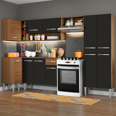 Combo completo de Cocina Esquinera 353 cm 11 Puertas 1 Cajón Marrón/Negro Emilly Madesa