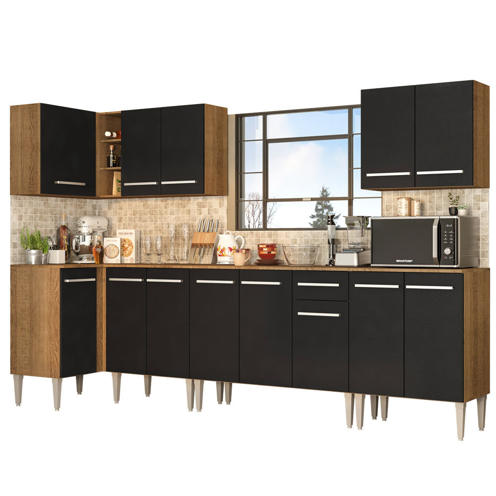 Combo completo de Cocina Esquinera 357 cm 13 Puertas 1 Cajón Marrón/Negro Emilly Madesa