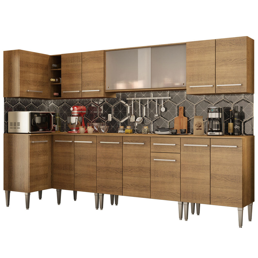 Combo completo de Cocina Esquinera 357 cm 15 Puertas 1 Cajón Marrón Emilly Madesa 02