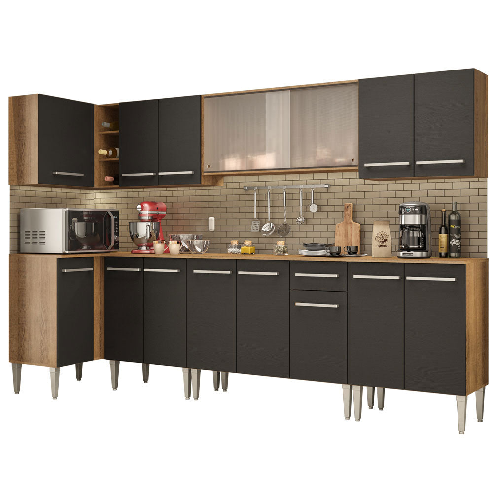 Combo completo de Cocina Esquinera 357 cm 15 Puertas 1 Cajón Marrón/Negro Emilly Madesa 02
