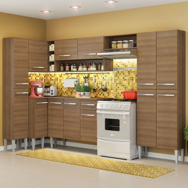 Combo completo de Cocina Esquinera 385 cm 13 Puertas 1 Cajón Marrón Emilly Madesa