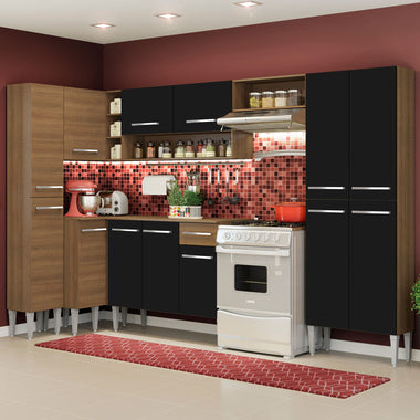 Combo completo de Cocina Esquinera 385 cm 13 Puertas 1 Cajón Marrón/Negro Emilly Madesa