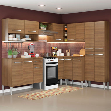 Combo completo de Cocina Esquinera 417 cm 15 Puertas 1 Cajón Marrón Emilly Madesa