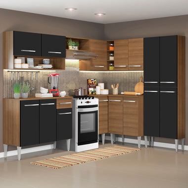 Combo completo de Cocina Esquinera 417 cm 15 Puertas 1 Cajón Marrón/Negro Emilly Madesa