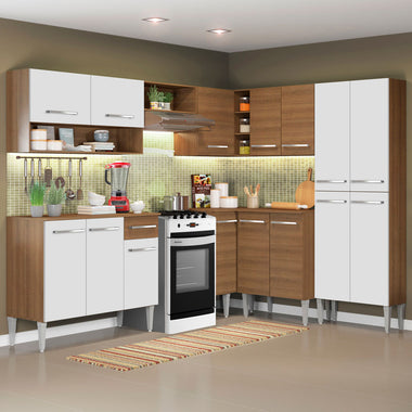 Combo completo de Cocina Esquinera 417 cm 15 Puertas 1 Cajón Blanco/Marrón Emilly Madesa