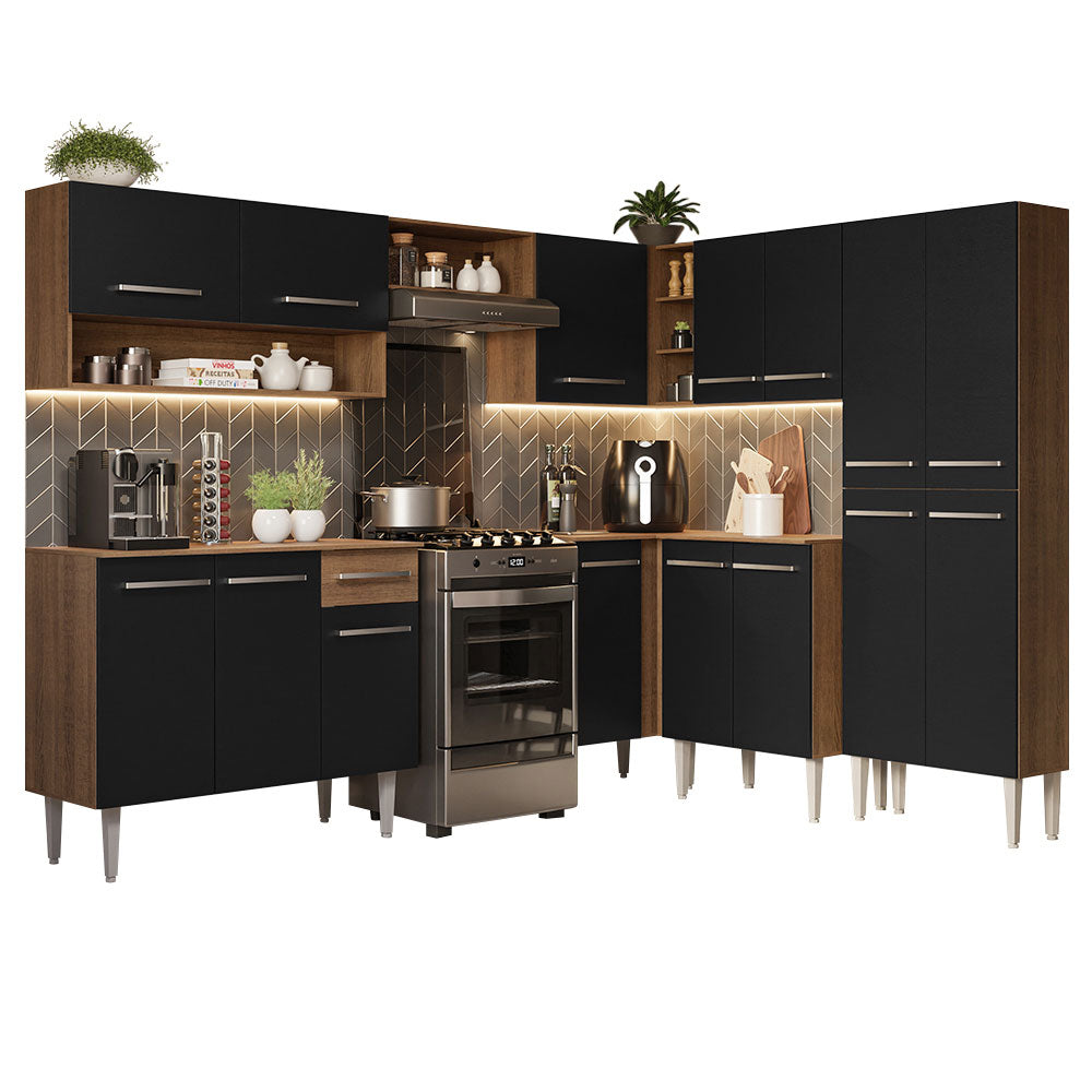 Combo completo de Cocina Esquinera 417 cm 15 Puertas 1 Cajón Marrón/Negro Emilly Madesa