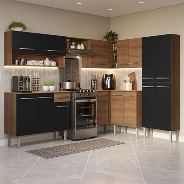 Combo completo de Cocina Esquinera 417 cm 15 Puertas 1 Cajón Marrón/Negro Emilly Madesa