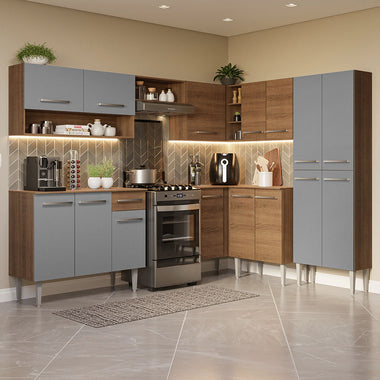Combo completo de Cocina Esquinera 417 cm 15 Puertas 1 Cajón Marrón/Gris Emilly Madesa