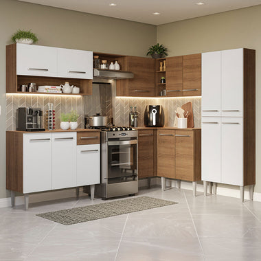 Combo completo de Cocina Esquinera 417 cm 15 Puertas 1 Cajón Marrón/Blanco Emilly Madesa