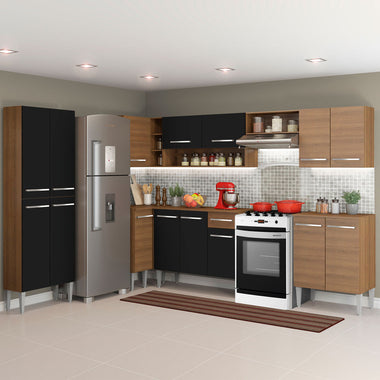 Combo completo de Cocina Esquinera 481 cm 15 Puertas 1 Cajón Marrón/Negro Emilly Madesa