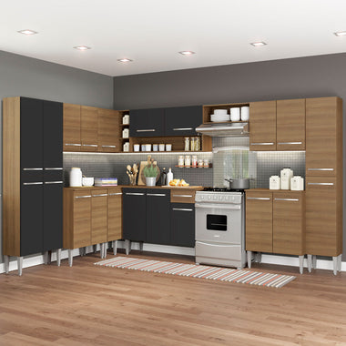 Combo completo de Cocina Esquinera 513 cm 21 Puertas 1 Cajón Marrón/Negro Emilly Madesa