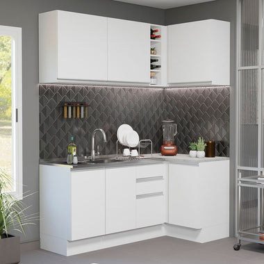 Combo completo de Cocina Esquinera 269 cm 6 Puertas 3 Cajones Sin Mesada Blanco Glamy Madesa