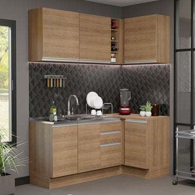 Combo completo de Cocina Esquinera 269 cm 6 Puertas 3 Cajones Sin Mesada Marrón Glamy Madesa