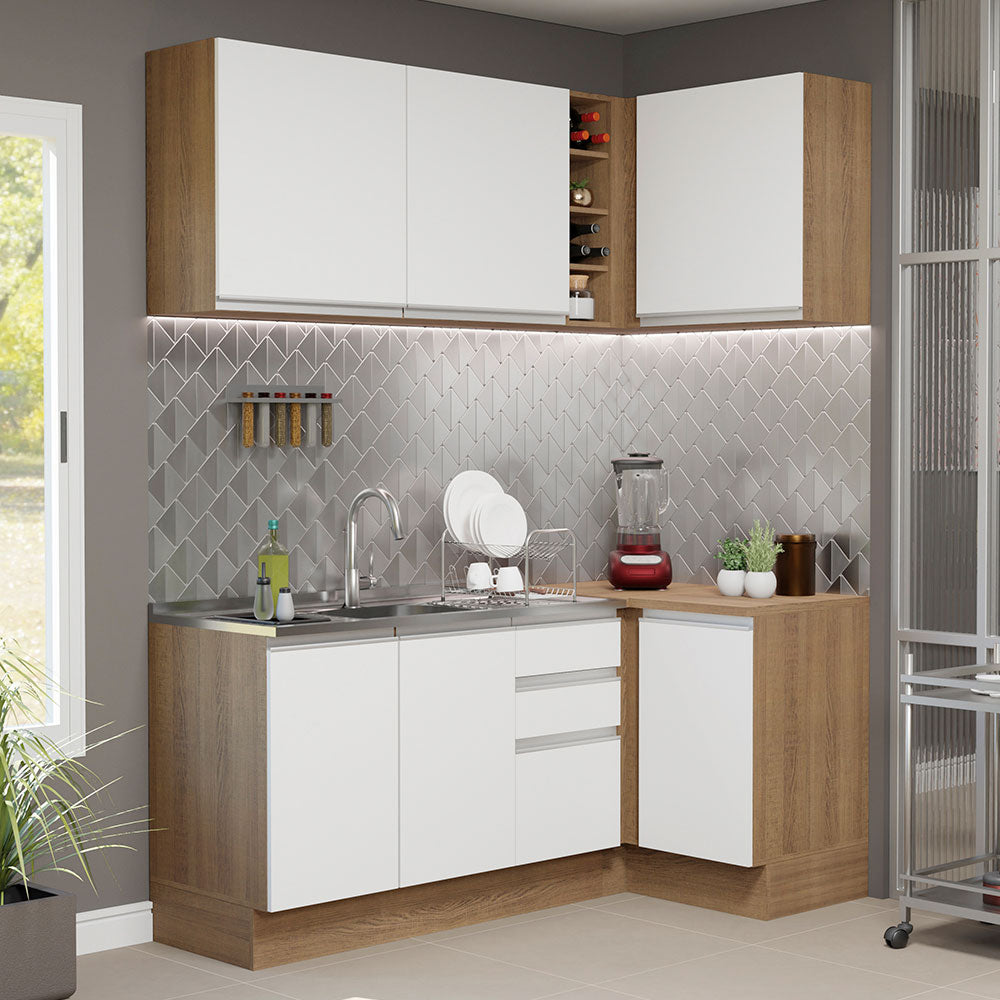 Combo completo de Cocina Esquinera 269 cm 6 Puertas 3 Cajones Sin Mesada Marrón/Blanco Glamy Madesa