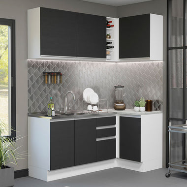 Combo completo de Cocina Esquinera 269 cm 6 Puertas 3 Cajones Sin Mesada Blanco/Negro Glamy Madesa