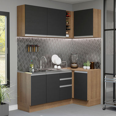 Combo completo de Cocina Esquinera 269 cm 6 Puertas 3 Cajones Sin Mesada Marrón/Negro Glamy Madesa