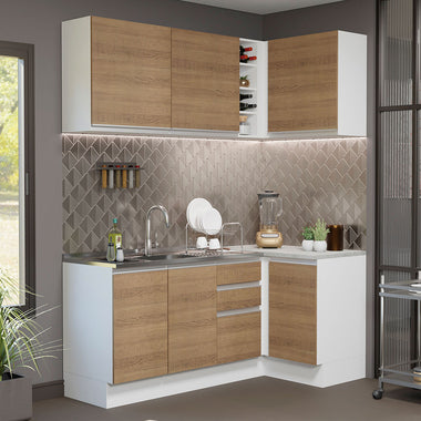 Combo completo de Cocina Esquinera 269 cm 6 Puertas 3 Cajones Sin Mesada Blanco/Marrón Glamy Madesa