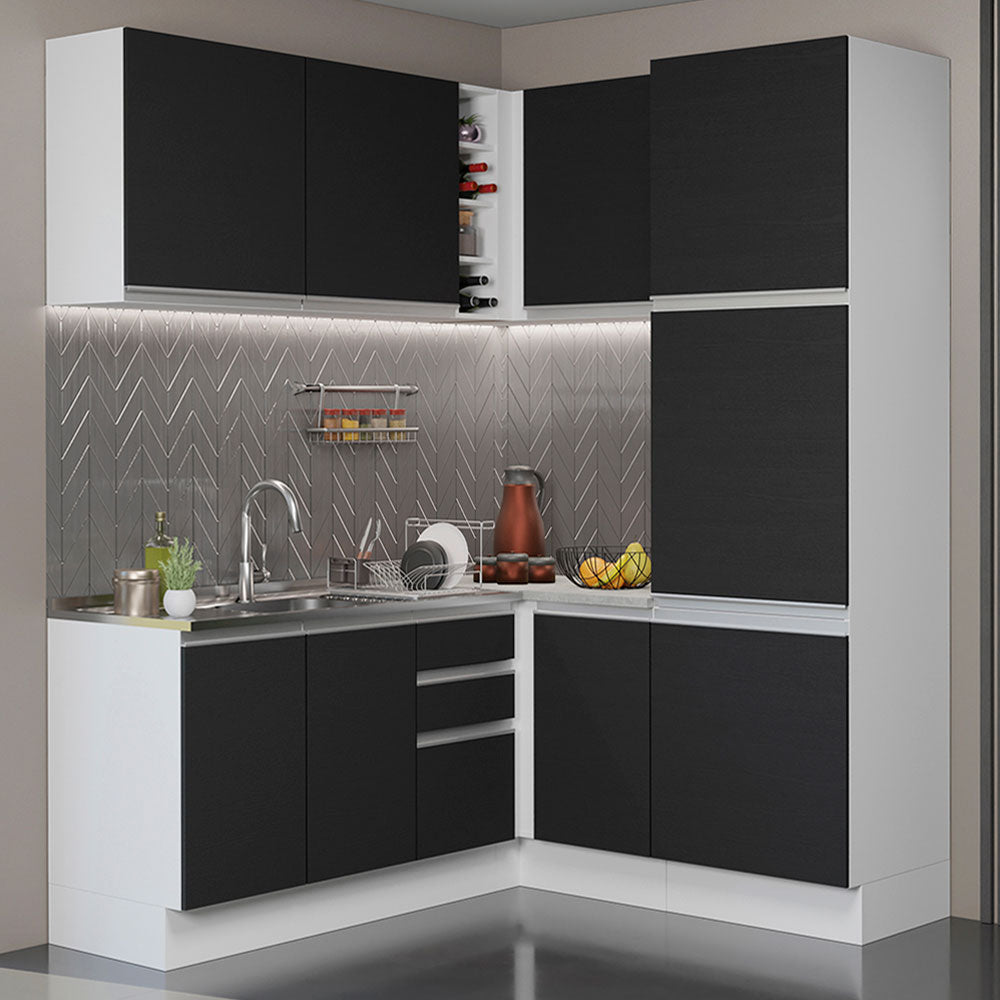 Combo completo de Cocina Esquinera 329 cm 9 Puertas 3 Cajones Sin Mesada Blanco/Negro Glamy Madesa