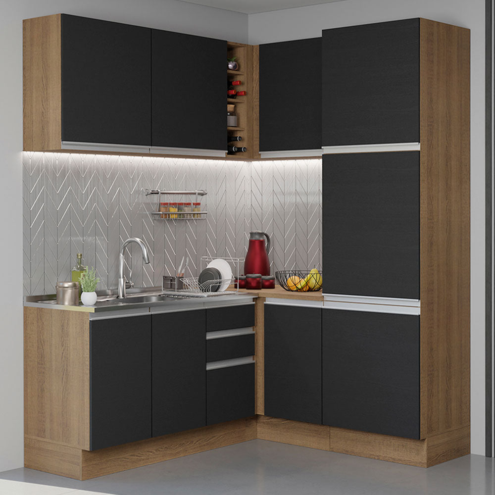Combo completo de Cocina Esquinera 329 cm 9 Puertas 3 Cajones Sin Mesada Marrón/Negro Glamy Madesa