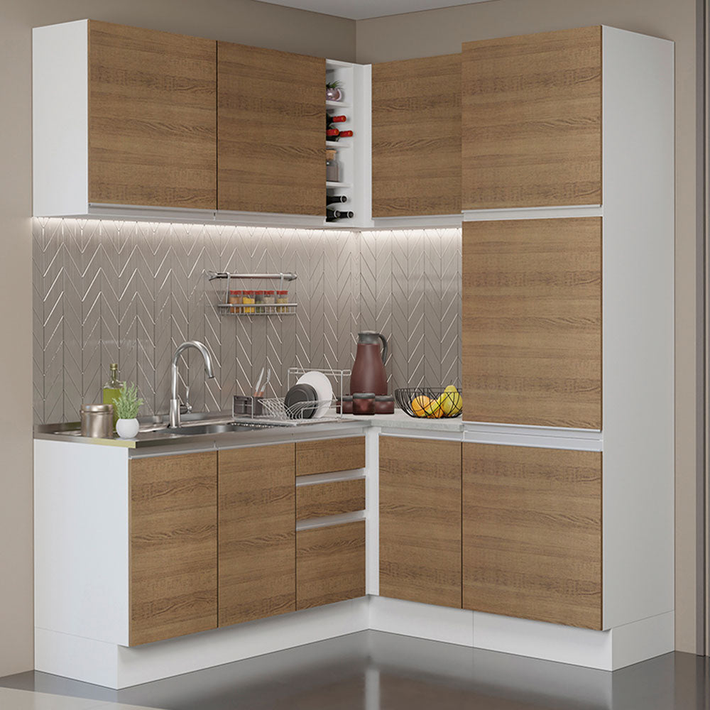 Combo completo de Cocina Esquinera 329 cm 9 Puertas 3 Cajones Sin Mesada Blanco/Marrón Glamy Madesa