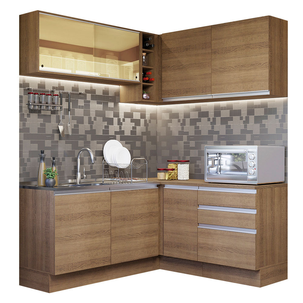 Combo completo de Cocina Esquinera 329 cm 7 Puertas 3 Cajones Sin Mesada Marrón Glamy Madesa