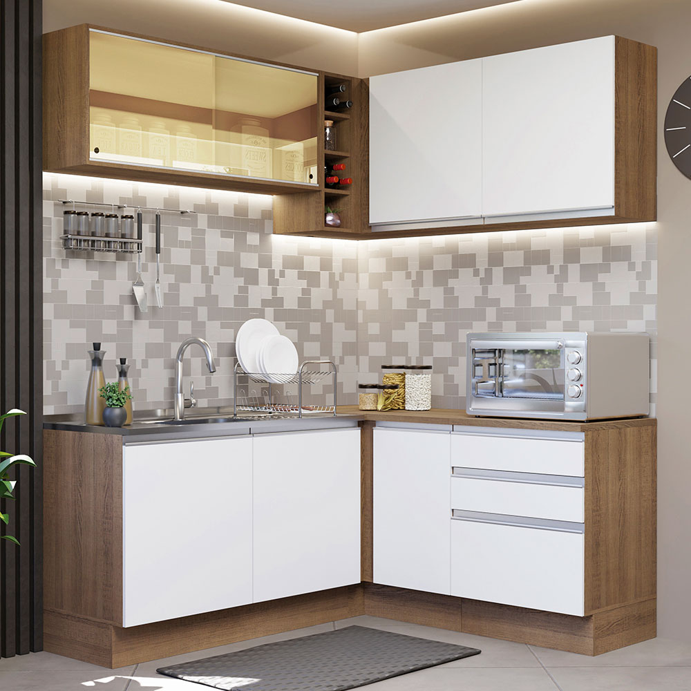 Combo completo de Cocina Esquinera 329 cm 7 Puertas 3 Cajones Sin Mesada Marrón/Blanco Glamy Madesa