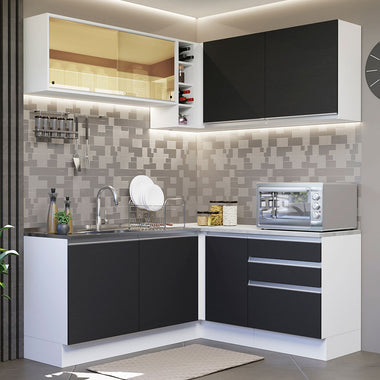 Combo completo de Cocina Esquinera 329 cm 7 Puertas 3 Cajones Sin Mesada Blanco/Negro Glamy Madesa