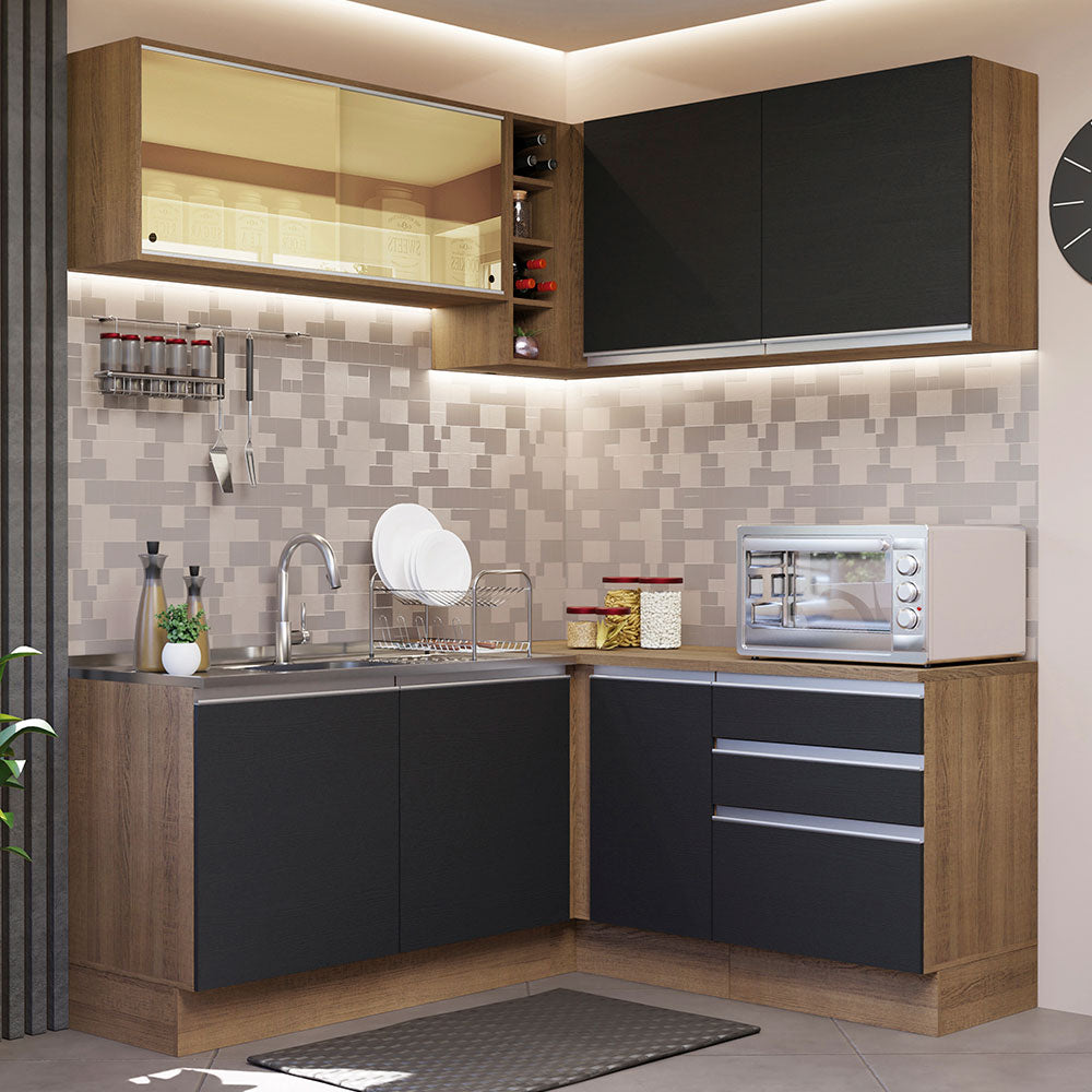 Combo completo de Cocina Esquinera 329 cm 7 Puertas 3 Cajones Sin Mesada Marrón/Negro Glamy Madesa