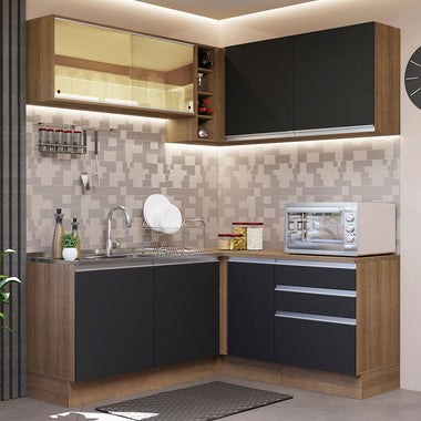 Combo completo de Cocina Esquinera 329 cm 7 Puertas 3 Cajones Sin Mesada Marrón/Negro Glamy Madesa