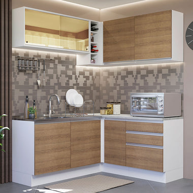 Combo completo de Cocina Esquinera 329 cm 7 Puertas 3 Cajones Sin Mesada Blanco/Marrón Glamy Madesa